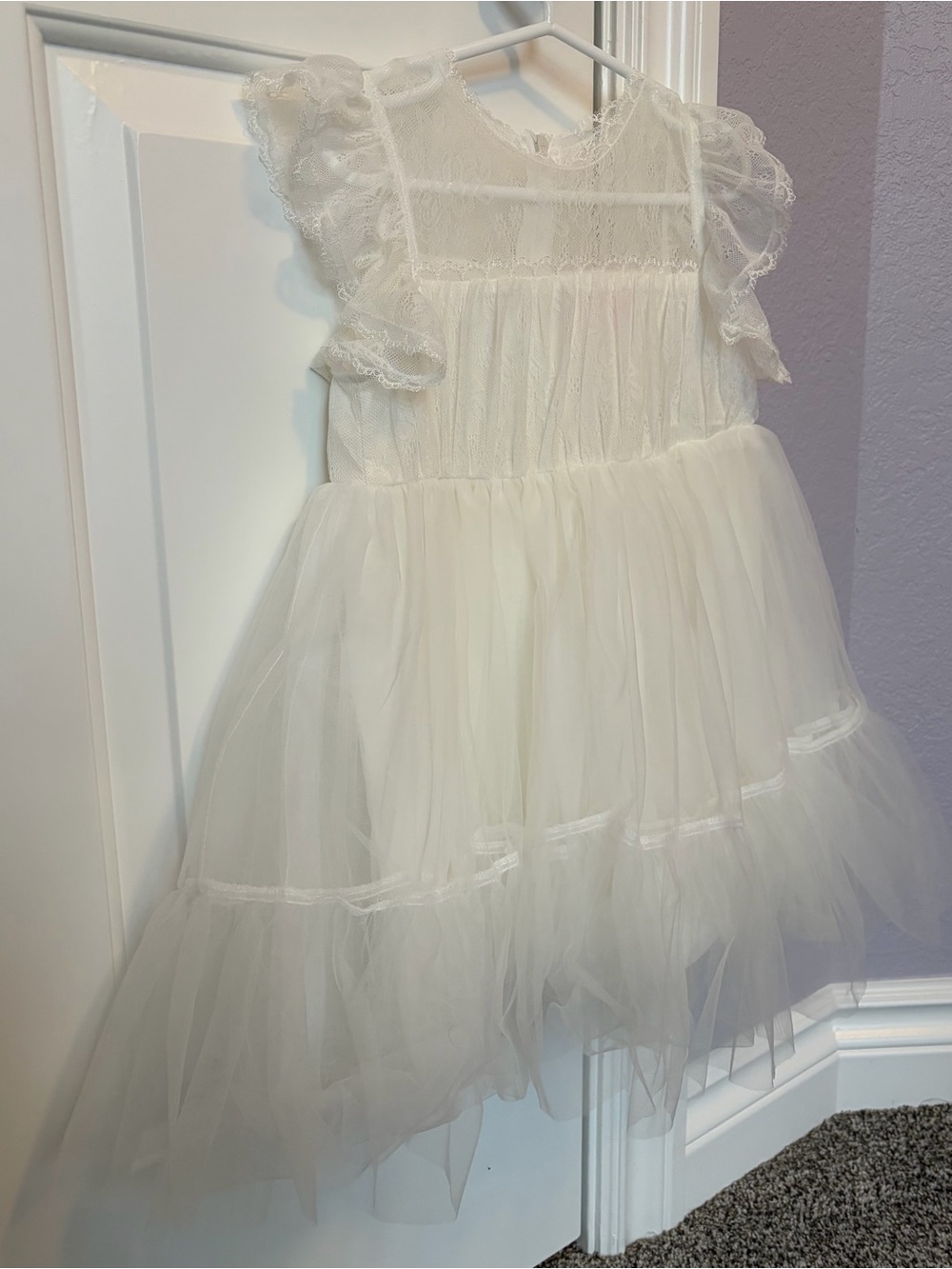 Girls' Ivory Tulle Formal Dress with Lace Cap Sleeves